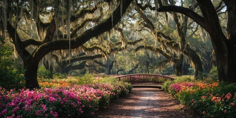 Fototapeta premium Magnolia Plantation azalea garden in Charleston, South Carolina, focusing on seasonal bloom display during spring