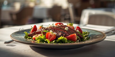 Cold beef and strawberry salad with blue cheese crumbles on a vibrant green surface, culinary plating for menu design