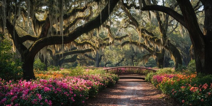 Magnolia Plantation azalea garden in Charleston, South Carolina, focusing on seasonal bloom display during spring