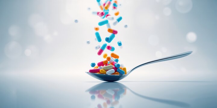 Closeup of colorful pills on a tablespoon, highlighting pharmaceutical preparation for patient care