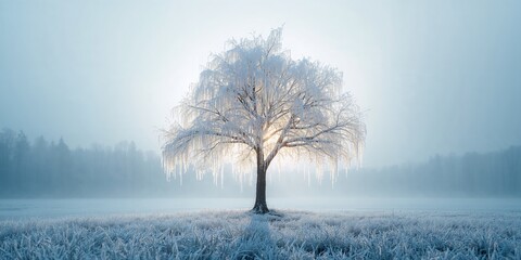 Ice coating on tree branches in a winter landscape, seasonal change and weather resilience