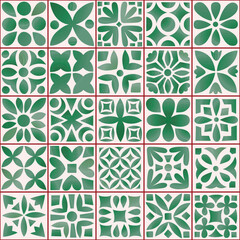 Green geometric botanical ornamental tile seamless pattern. Simple floral vector design. Indian, islamic, Majolica pottery decor