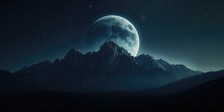 Giant moon illuminated over a starry night sky with mountain landscape, ideal for creative wallpaper design