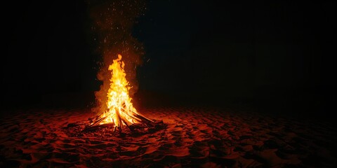 Big campfire burning in darkness, serving as a focal point for outdoor socializing and safety precautions