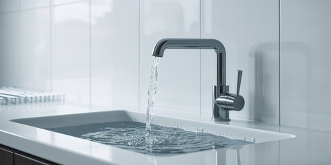 Faucet water flow into sink from a stainless steel pillar tap, illustrating water overuse during household chores, water conservation awareness