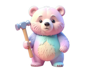 Cute cartoon panda character holding a colorful hammer in a whimsical and playful design style for children