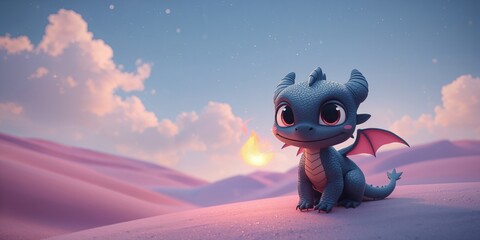 Obraz premium Illustration of a small dark blue baby dragon, suitable for a fantasy childrenâ€™s book