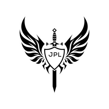 Winged Sword and Shield Logo with JPL Letters, Heraldic Emblem, Black and White Vector Design, JPL  Later Logo,
