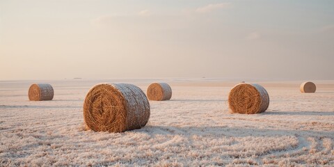 Naklejka premium Hay rolls piled in a snow-blanketed open field, farming equipment maintenance during winter, seasonal change