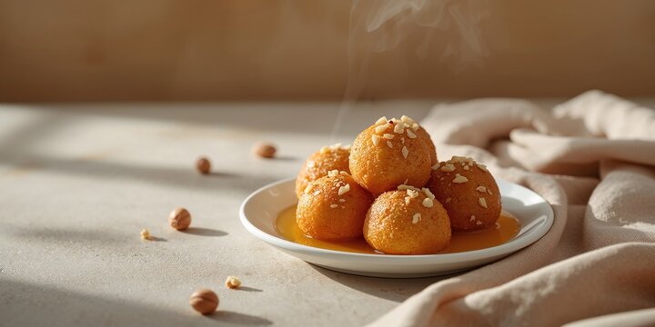 Arab dessert Awameh garnished with honey and nuts, served on a white plate for cultural presentation