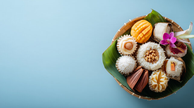 Assorted Lao Traditional Festival Sweets Arranged on Banana Leaf Tray for Boun Pha Vet Celebration