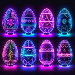 Eight glowing Easter eggs stand in two rows against a dark backdrop, with geometric and floral designs