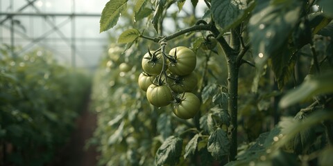 Green tomatoes on a greenhouse plantation, highlighting organic cultivation methods