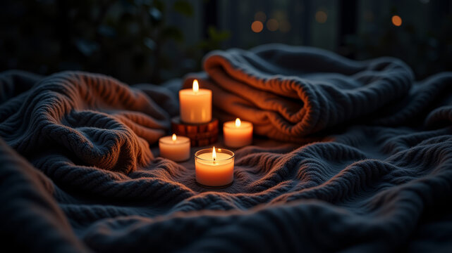 Cozy winter scene with glowing candles and warm blanket in evening atmosphere - Powered by Adobe