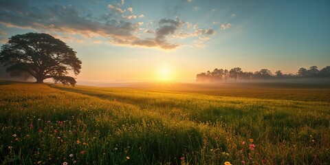 Naklejka premium Sunrise over a lush Portugal field used as a natural background for text or layout, highlighting seasonal transition