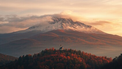 Naklejka premium Drone perspective of foggy hills with vibrant fall foliage and a colorful sky, highlighting seasonal transformation in nature
