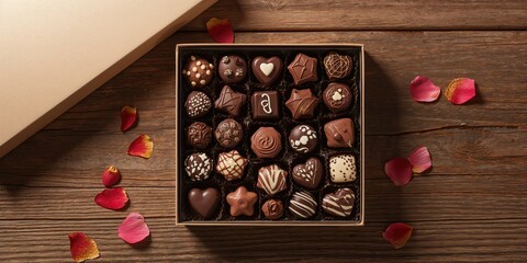 Assorted chocolates arranged on a wooden surface, artisanal confectionery craftsmanship
