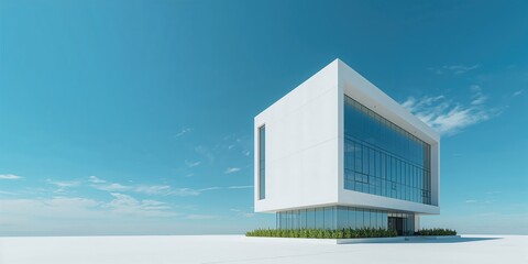 Contemporary white concrete structure with large window serving as a layout backdrop, focusing on architectural aesthetics and property presentation