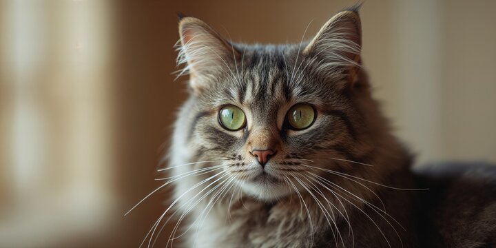 Gray tabby cat with vivid green eyes in a detailed portrait feline features - Powered by Adobe
