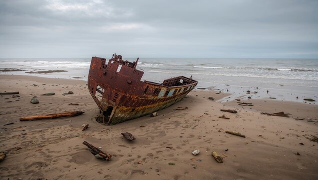 Wrecked vessel stranded on Compton Beach, Isle of Wight, coastal erosion