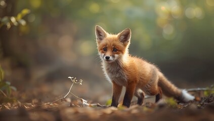 Naklejka premium Red fox kit in a natural setting, alert and focused, wildlife observation