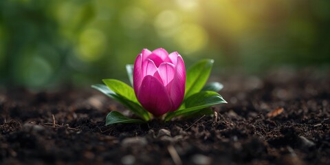 Close-up of a pink flower blooming amidst green leaves and soil, highlighting natural growth and seasonal change