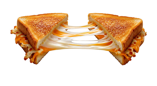 Grilled cheese sandwich with golden toast and stretchy melted cheese pull