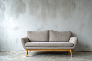 Modern sofa sits against a textured gray wall and concrete floor.