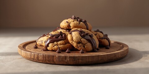 Dark chocolate chip cookies on a plate, emphasizing snack or dessert preparation in a kitchen setting