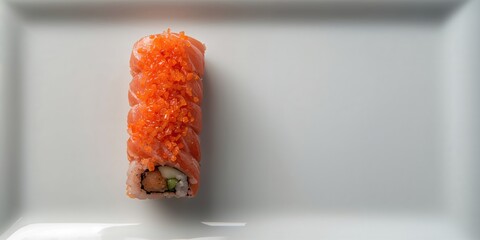 Japanese sushi featuring a Red dragon roll with Tobiko and salmon, traditional cuisine, aerial view
