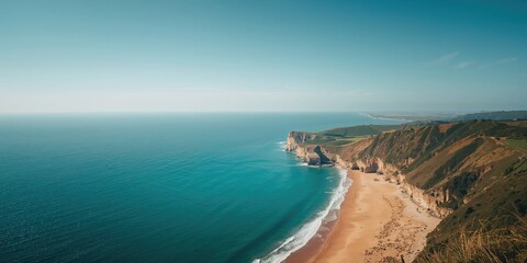 Fototapeta premium Bird's-eye view of Devon's Welcombe mouth coast highlighting erosion risk, Earth Day