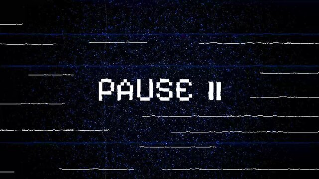 Static television vfx glitch effect with white pixelated letters for creating an impactful pause screen suitable for digital media designs.