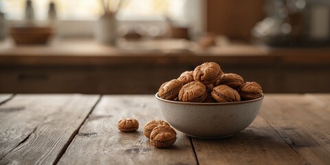 Bowl of walnut-shaped cookies with boiled condensed milk on wooden table surface, highlighting dessert preparation, World Food Day