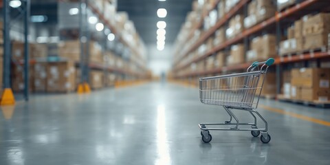Empty shopping cart in a warehouse, storage efficiency and inventory management, World Food Day
