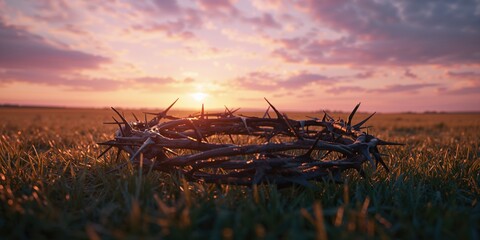 Naklejka premium Thorny plant on a field during sunset, highlighting natural erosion and seasonal change