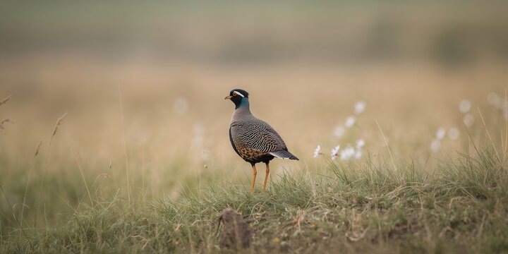 Black Francolin bird perched in a natural habitat, wildlife observation and bird conservation efforts