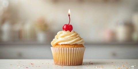 Birthday cupcake with vanilla buttercream icing, candle and cherry, as a festive treat for celebrations