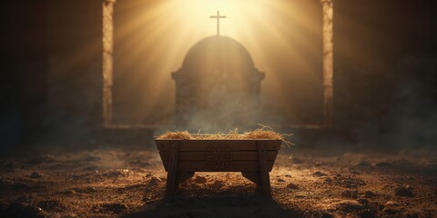 Naklejka na ściany i meble Nativity setting with wooden manger alongside an empty tomb illustrating the purpose of the season, Easter symbolism