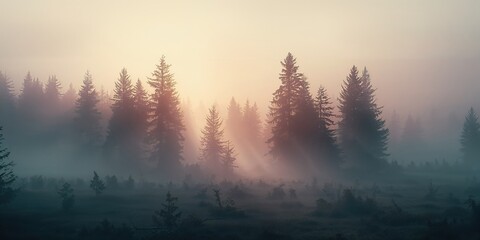 Naklejka premium Trees shrouded in early dawn fog, suitable for editorial header backgrounds, Earth Day