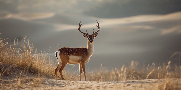 Fallow deer dama dama standing in open space among dunes, natural habitat preservation
