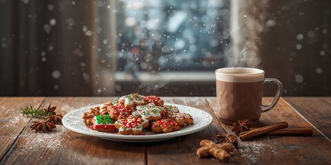 Gingerbread cookies and a chocolate milk mug, winter holiday treats and decorative elements