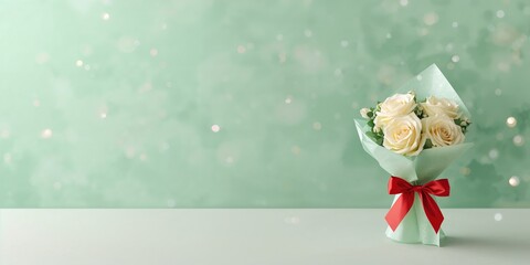 Three roses wrapped in light green paper with a red bow, suitable for gift-giving, floral arrangement for special occasions