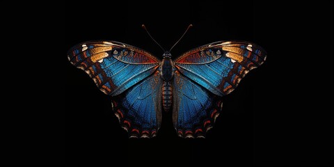 Detailed view of a butterfly wing showcasing vivid blue and orange markings against a dark backdrop, highlighting natural patterning