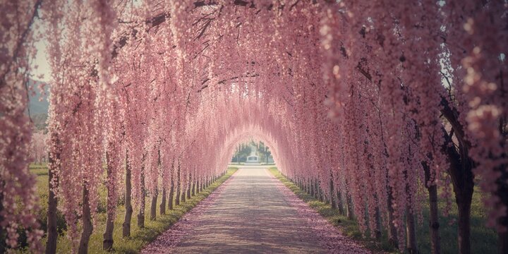 Weeping Cherry blossoms lining a railway corridor in Japan, highlighting seasonal bloom in spring