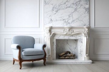 Light blue armchair sits before ornate marble fireplace with logs.