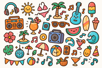 Colorful summer doodles with beach, music, and refreshing treats