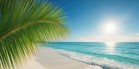 Tropical landscape featuring coconut palm leaf, ocean, and clear sky, suitable as a background for travel and outdoor scenes
