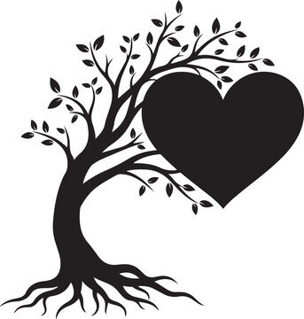 Silhouette of strong tree with spreading roots and large heart shape replacing part of its branches