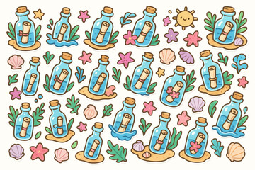 Colorful bottles with messages, sea shells and starfish in cute pattern