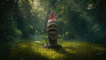 Obraz premium Clay bust with moss in a vibrant garden serving as garden ornament, Earth Day